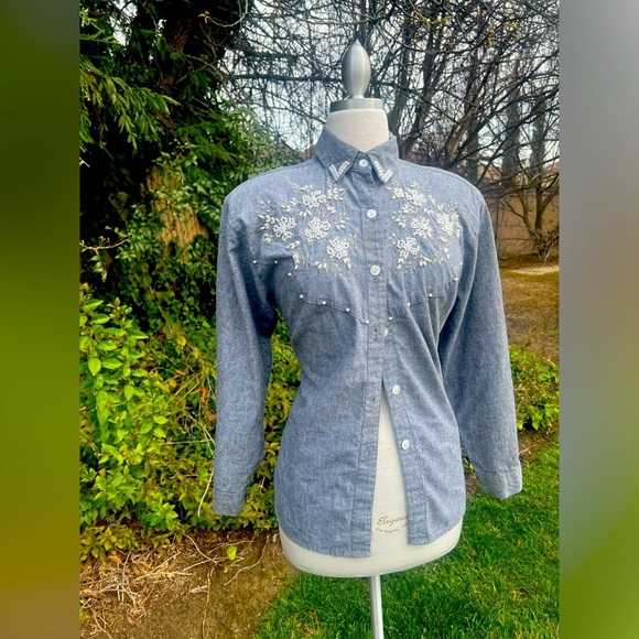 JANE ASHLEY 80’S Vintage Gray blue Embroidered Women’s Shirt - Picture 5 of 6